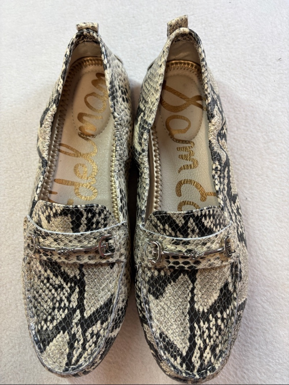 Sam Edelman Black and Cream Snake-Print Loafers